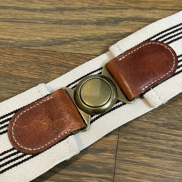 Wide Leather & Cloth 90’s Belt white and brown leather pinstripes stretchy M/L main image 4